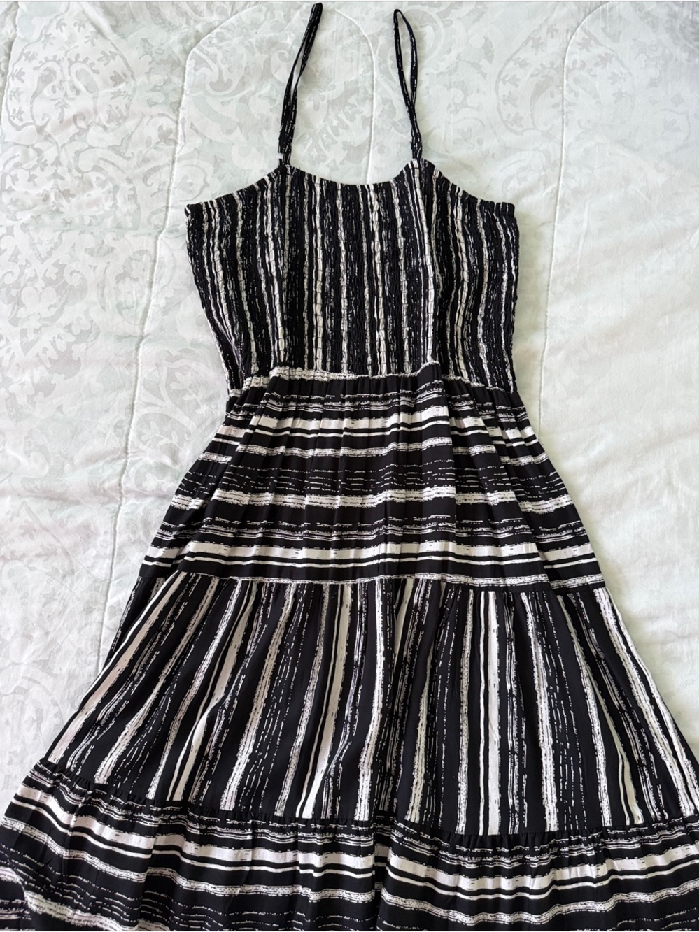 Black and White Striped Maxi Dress with Smocked Bodice